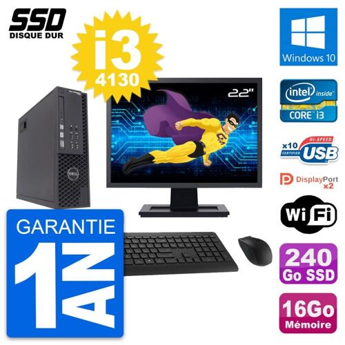 PC Dell T1700 SFF Ecran 22" Intel i3-4130 RAM 16Go SSD 240Go Windows 10 Wifi