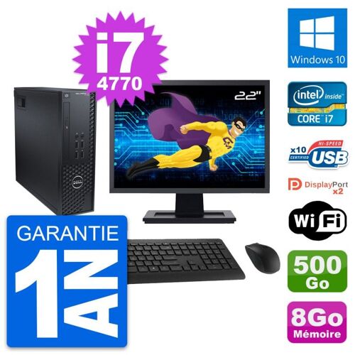 PC Dell T1700 SFF Ecran 22" Intel i7-4770 RAM 8Go Disque 500Go Windows 10 Wifi