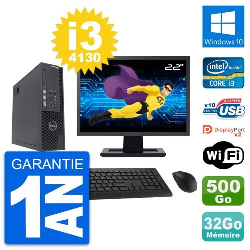 PC Dell T1700 SFF Ecran 22" Intel i3-4130 RAM 32Go Disque 500Go Windows 10 Wifi