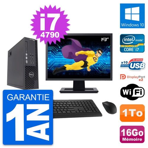PC Dell T1700 SFF Ecran 19" Intel i7-4790 RAM 16Go Disque 1To Windows 10 Wifi