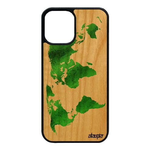 Coque Iphone 12 Mini Bois Naturel Silicone Carte Monde Portable Effet Telephone Geographie Unique Fait Main Atlas Motif Pays