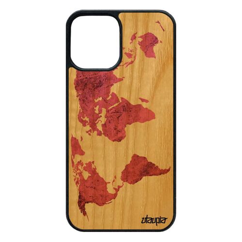 Coque bois pour iPhone 12 / 12 pro silicone Carte monde souple terre atlas etui globe rose telephone 4G design made in France