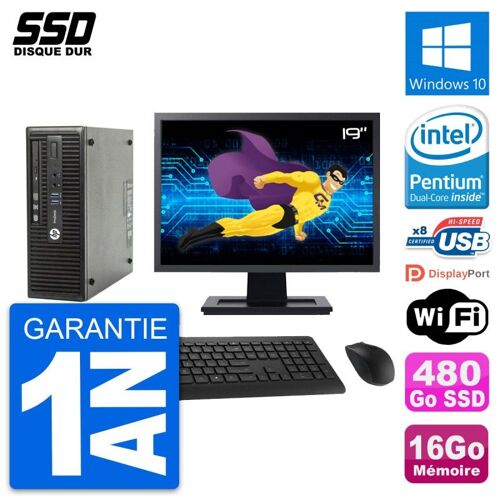 PC HP ProDesk 400 G3 SFF Ecran 19" G4400 RAM 16Go SSD 480Go Windows 10 Wifi