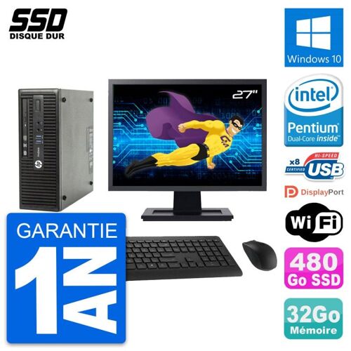 PC HP ProDesk 400 G3 SFF Ecran 27" G4400 RAM 32Go SSD 480Go Windows 10 Wifi