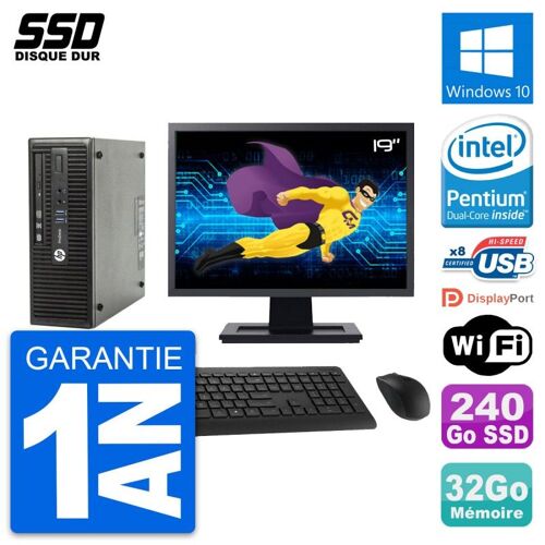 PC HP ProDesk 400 G3 SFF Ecran 19" G4400 RAM 32Go SSD 240Go Windows 10 Wifi
