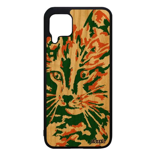 Coque chat pour Huawei P40 Lite en bois silicone dessin mignon matou vert chaton etui rigide frêne fantaisie colore made in France