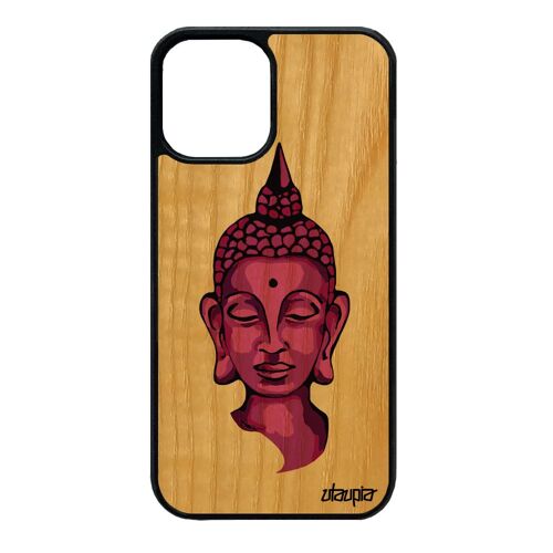 Coque Silicone Pour Iphone 12 Mini Bois Bouddha Cover Souple Portrait Inde Portable Yoga Pochoir Dessin Rigide Antichoc Tibet