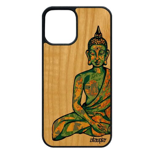 Coque Iphone 12 / 12 Pro Bois Silicone Bouddha Illustration Mobile Tibet Soleil Design Etui Yoga Femme Portable Made In France