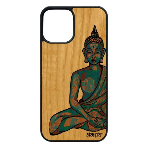Coque en bois iPhone 12 / 12 pro silicone bouddha Bleu fantaisie antichoc chinois souple bumper spirituel portable asie homme