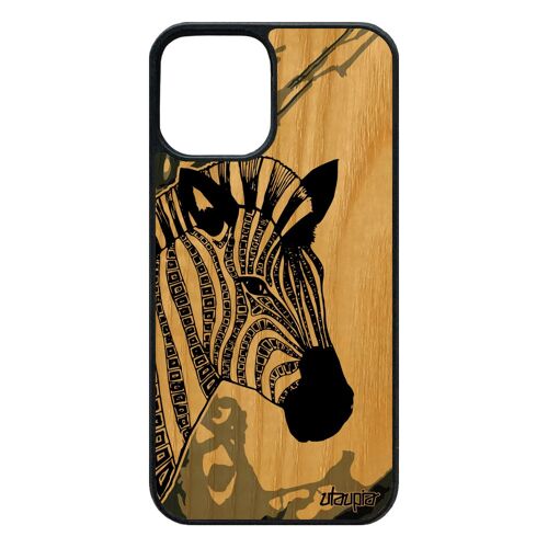 Coque en bois zebre iPhone 12 / 12 pro silicone homme antichoc Gris noir et blanc rayé azteque ethnique cheval telephone case