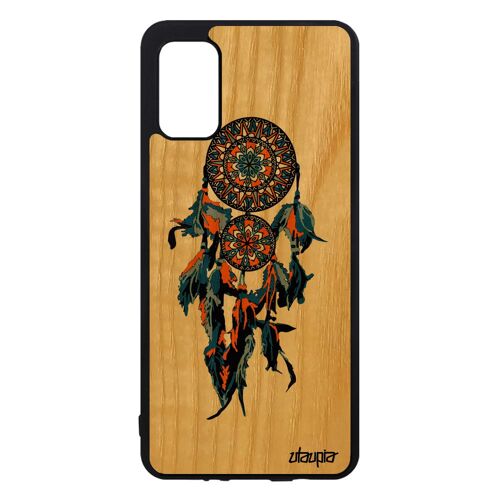 Coque bois Samsung Galaxy A41 silicone attrape reve plume etui Bleu ethnic portable capteur de inca boheme hippie mobile maya indien