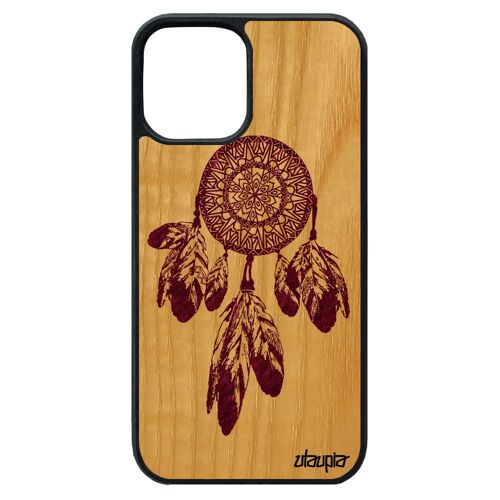 Coque Iphone 12 Pro Max Bois Silicone Attrape Reve Ethnique Smartphone Dreamcatcher Portable Motif Plume Mandala Capteur De De