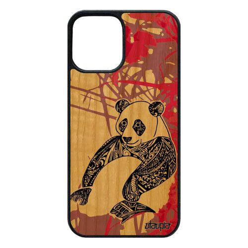 Coque Pour 12 Pro/Iphone 12 En Bois Silicone Panda Noir De Protection Bebe Garcon Dessin Animal Telephone Nature Bamboo Rose