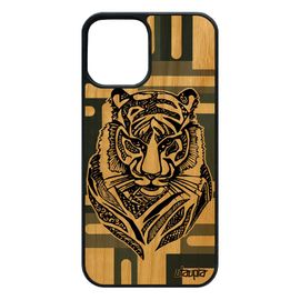 Coque Tigre Iphone 12 / 12 Pro Bois Silicone Azteque Portable Dessin Bumper Animal Tribal Ethnique Fauve Case Gris Geometrique