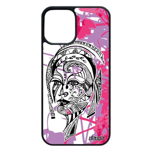 Coque Iphone 12 / 12 Pro Silicone Femme Cover Mobile Azteque Fleur Feuilles Rose Fille Jolie Case Ethnique Tribal Dessin Noir