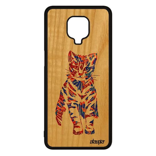 Coque Pour Xiaomi Redmi Note 9s En Bois Et Silicone Chat Rigide Ethnique Azteque Petit Bleu Felin Multicolore Tribal Mignon Portable