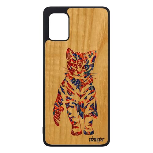 Coque silicone A31 bois naturel chat pastel multicolore ethnique impression mignon noir TPU frêne 4G made in France Samsung galaxy