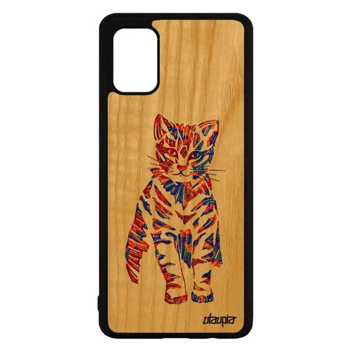 Coque chat Samsung Galaxy A71 bois silicone mignon felin mobile etui ethnique petit azteque tattoo animaux pastel chaton noir femme