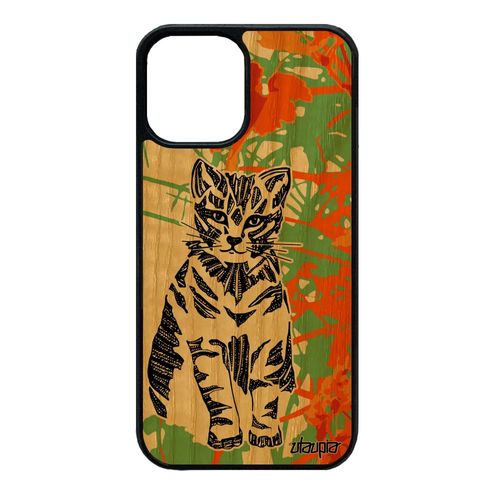 Coque Iphone 12 Mini Bois Veritable Silicone Chat Sauvage Tribal Chaton Azteque Orange Ethnique Smartphone Felin Dessin Petit