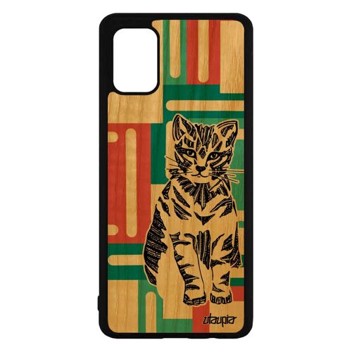 Coque A71 bois silicone chat Vert personnalisé homme mignon ethnique antichoc dessin tribal geometrique animaux petit Samsung galaxy