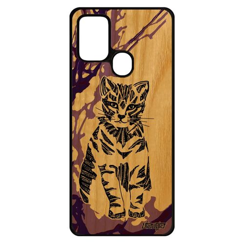 Coque A21s bois silicone chat SM-A217F/DS femme petit azteque tribal ethnique mignon dessin noir peinture fantaisie Samsung galaxy
