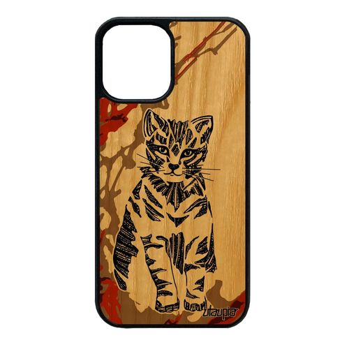 Coque Iphone 12 Mini Bois Silicone Chat Case Petit Pas Cher Motif 128 Go Mignon Art Tribal Marron Animal Tigré Telephone De