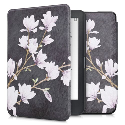 Kwmobile Étui Liseuse Compatible Avec Kobo Clara Hd - Housse Avec Rabat Magnétique En Simili Cuir - Magnolias Taupe-Blanc-Gris Foncé