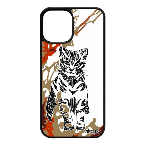 Coque Iphone 12 Mini Silicone Chat Matou Tribal Tigré Chaton Art Mignon Marron Animal Dessin Rigide Azteque Ethnique Sauvage