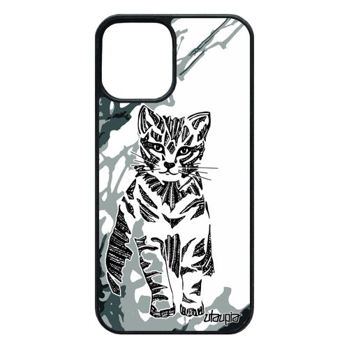 Coque silicone pour iPhone 12 / 12 pro chat smartphone ethnique peinture animaux de protection couleur noir et blanc petit art