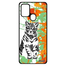 Coque Samsung Galaxy A21s Silicone Chat 4g Dessin Orange Azteque Petit Animaux Fleur Tribal Mignon Chaton Design Feuilles Portable
