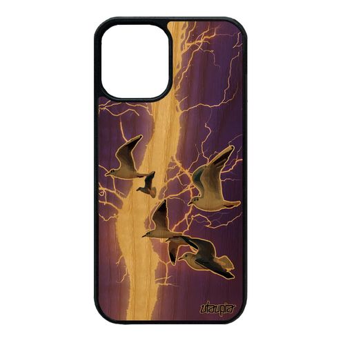 Coque Iphone 12 Mini En Bois Silicone Oiseaux Mouettes Design Personnalisé Violet Case Marin Eclair Mer Nature Orage Original