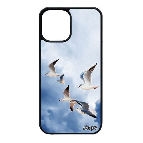 Coque silicone iPhone 12 mini oiseaux mouettes mer animal portable nature bleu marin nuage telephone animaux design case