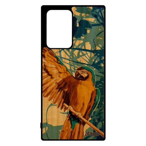 Coque Samsung Galaxy Note 20 ultra en bois silicone perroquet portable nature personnalisé motif design telephone feuilles bleu case