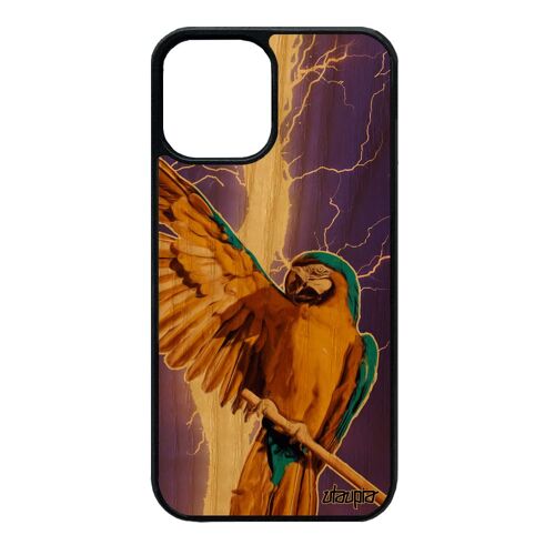 Coque bois veritable pour iPhone 12 mini silicone perroquet perruche violet animal housse animaux orage rigide made in France