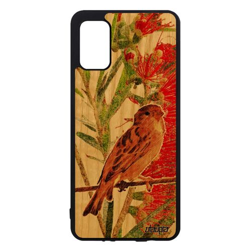 Coque Bois Silicone Samsung A41 Oiseau Moineau Petit Nature Animal Design Mobile Fleurs Vert Peinture Etui Portable Animaux Galaxy