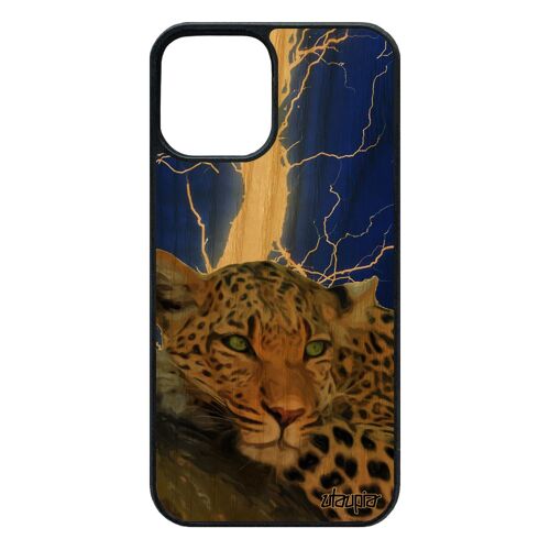 Coque en bois pour iPhone 12 / 12 pro silicone leopard guepard jaguar animal bleu afrique portable antichoc fauve smartphone