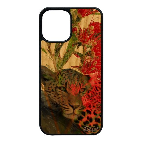 Coque Iphone 12 Mini Bois Silicone Leopard Guepard Jaguar Sauvage Design Nature Afrique Rouge Fleurs Fauve Animaux Case Dessin