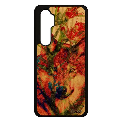 Coque mi Note 10 lite en bois et silicone loup peinture louve predateur design rigide nature vert de protection animaux alpha Xiaomi