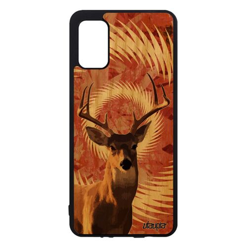 Coque bois silicone Samsung A41 cerf portable smartphone de protection biche texture gibier animaux orange faon brame mandala galaxy
