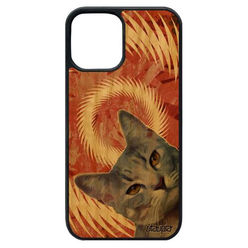 Coque Bois Naturel Iphone 12 Pro Max Silicone Chat Noir Orange Mandala Design Minou Frêne Animaux Telephone De Made In France