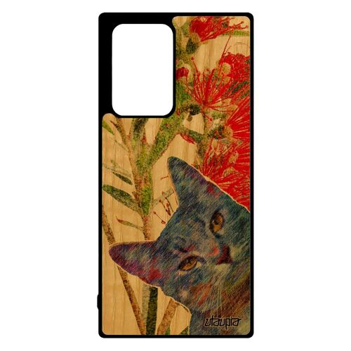 Coque Chat Galaxy Note 20 Ultra En Bois Silicone Design Chaton Rigide Vert Fleurs Portable Unique Case Animal Peinture Matou Samsung