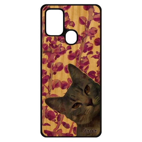Coque Samsung A21s vrai bois silicone chat animaux lol cat portable case matou rose animal plante felin chaton made in France galaxy