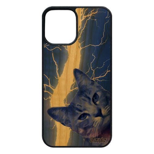 Coque Bois Naturel 12 Pro/Iphone 12 Silicone Chat Felin Lolcat Minou Antichoc Eclair Animal Foudre Orage Animaux De Protection