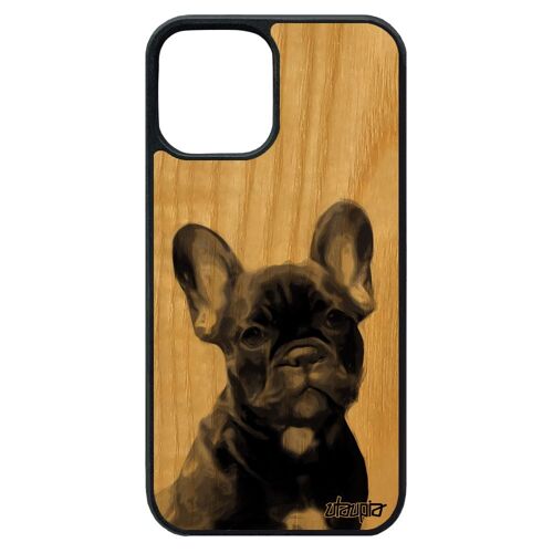 Coque iPhone 12 pro max bois silicone chien canin nature design gris animal mignon case chiot jolie telephone bumper 4G housse