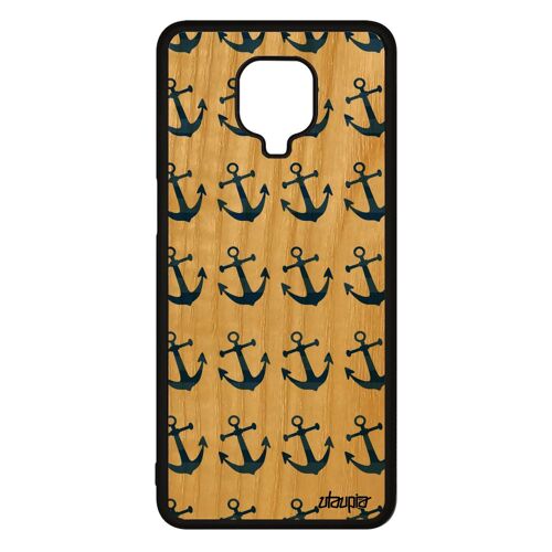 Coque en bois ancre rigide pour Xiaomi Redmi Note 9 pro silicone tatouage de bateau antichoc marinière case marine unique Bleu ocean