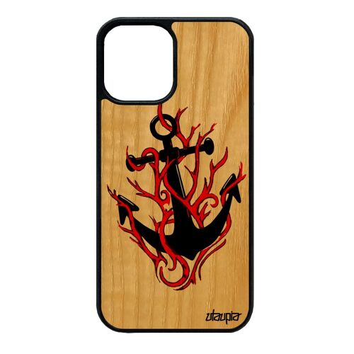 Coque pour iPhone 12 mini en bois silicone ancre bumper imprimé vacances graphique jolie de bateau case tendance rigide Rouge