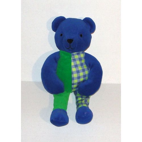 Peluche Ours Berchet Bleu Vert A Carreaux Doudou Ourson 31 Cm