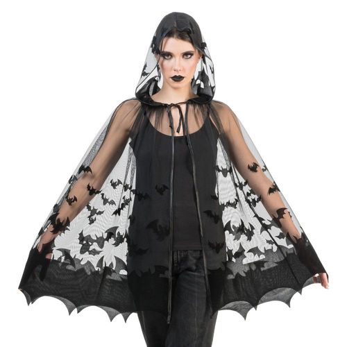 Cape Capuche Tulle Chauve-Souris 78cm Noir Adulte