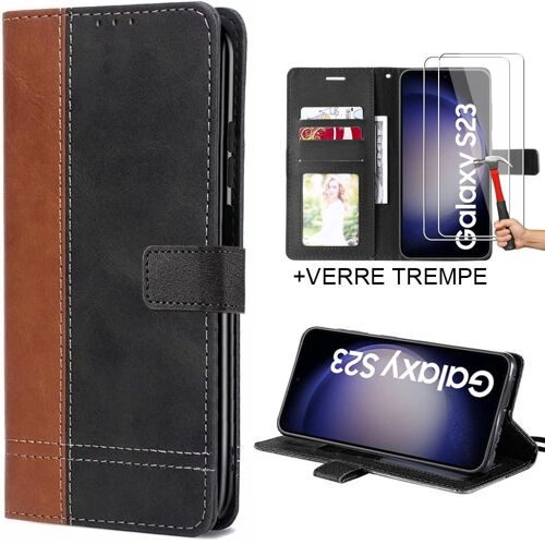 Coque pour Samsung Galaxy S23 avec 2 Verres Trempés, Synthécuir Bicolore Marron - E.F.Connection