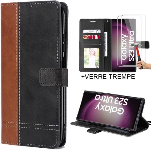Coque Flip Case avec 2 Verres Trempés pour Samsung S23 Ultra - Effect Cuir Noir/Marron - E.F.Connection